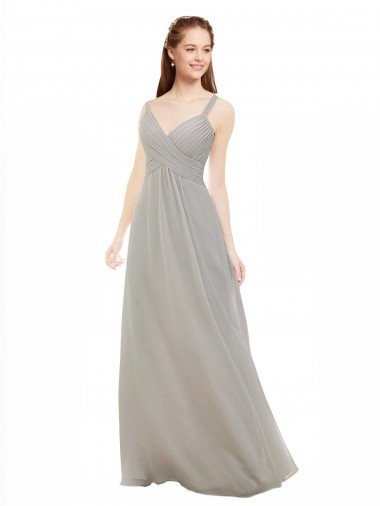 Boutique Argent Trapèze Bretelles spaghetti Col V Mousseline Longue Robes demoiselle d'honneur