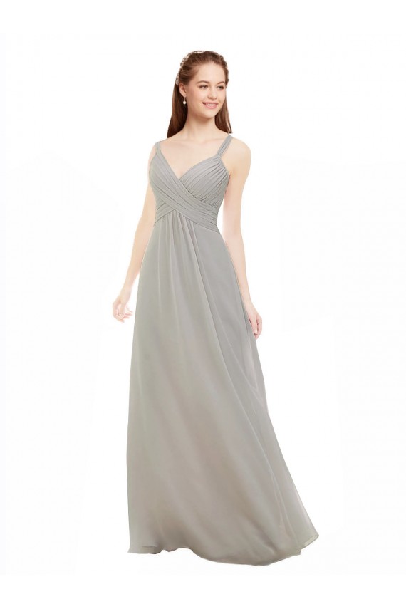 Boutique Argent Trapèze Bretelles spaghetti Col V Mousseline Longue Robes demoiselle d'honneur