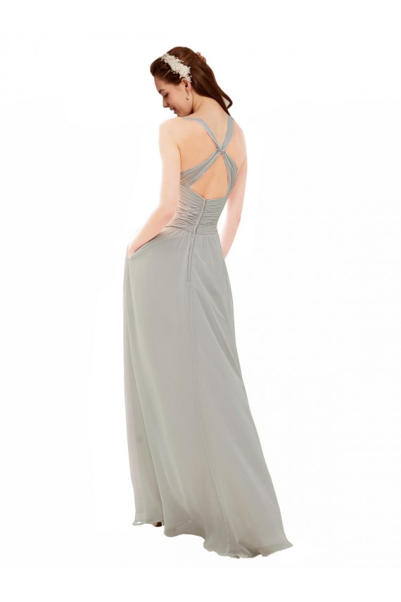 Boutique Argent Trapèze Bretelles spaghetti Col V Mousseline Longue Robes demoiselle d'honneur
