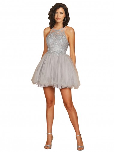 Boutique Argent Trapèze Licou Courte Tulle Courte Robes demoiselle d'honneur / Robes de cocktail