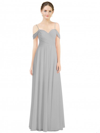 Boutique Argent Trapèze Épaule Dénudée Bretelles spaghetti Mousseline Longue Robes demoiselle d'honneur
