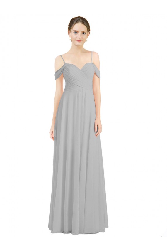 Boutique Argent Trapèze Épaule Dénudée Bretelles spaghetti Mousseline Longue Robes demoiselle d'honneur