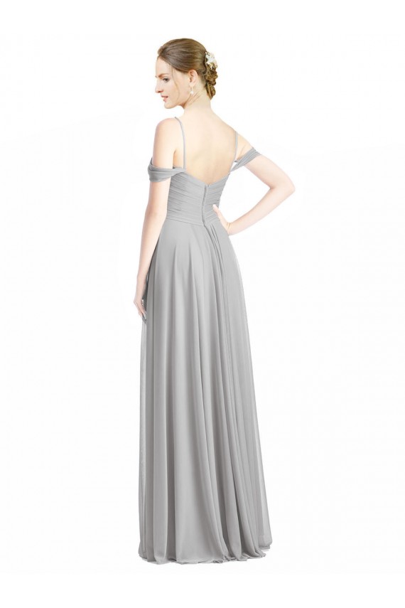 Boutique Argent Trapèze Épaule Dénudée Bretelles spaghetti Mousseline Longue Robes demoiselle d'honneur