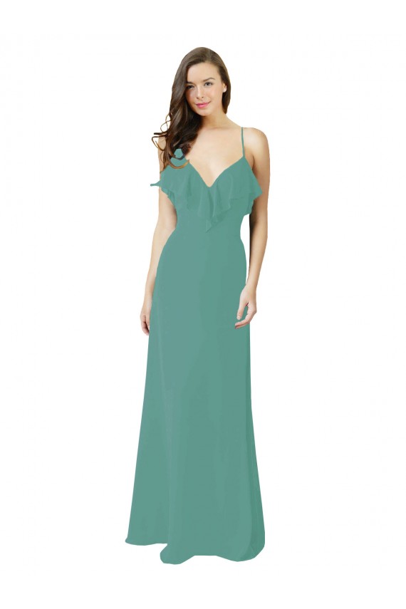 Boutique Argent islandais Trapèze Bretelles spaghetti Col V Mousseline Longue Robes demoiselle d'honneur