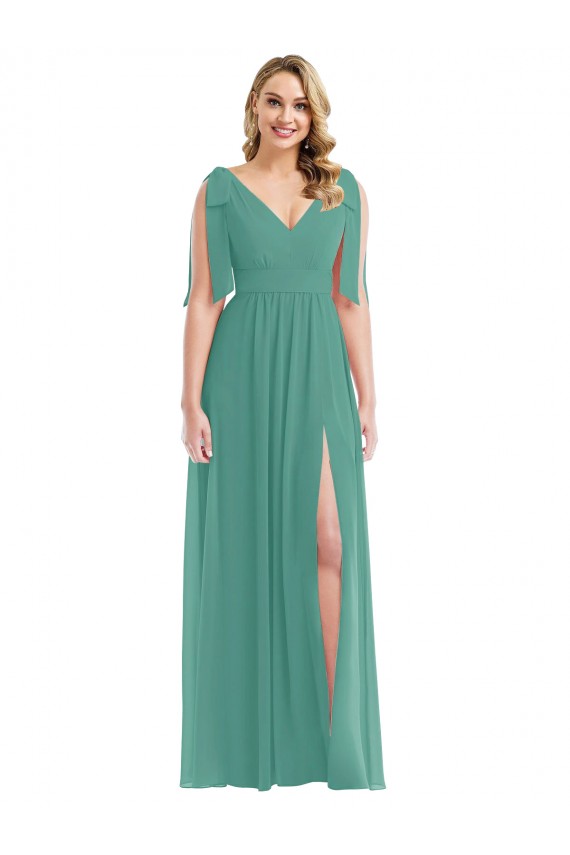 Boutique Argent islandais Trapèze Col V Mousseline Longue Robes demoiselle d'honneur