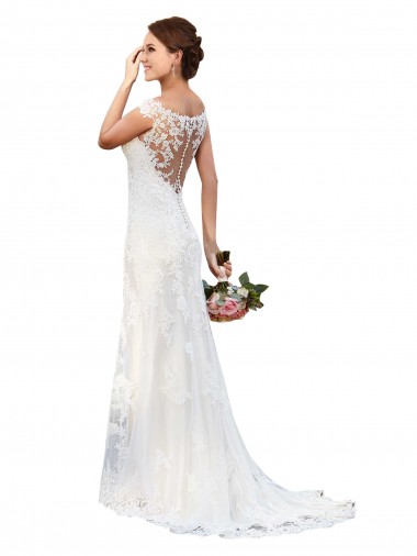 Boutique Blanc Fourreau Bateau Illusion Dentelle Robes de mariée