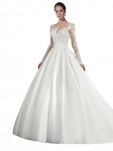 Boutique Blanc Trapèze Illusion Traîne cathédrale Satiné Dentelle Robes de mariée