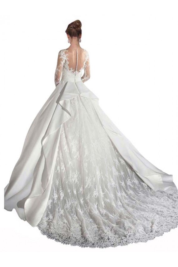 Boutique Blanc Trapèze Illusion Traîne cathédrale Satiné Dentelle Robes de mariée