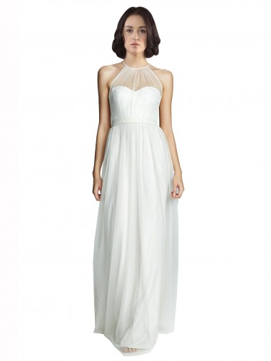 Boutique Blanc Trapèze Licou Col Haut Tulle Longue Robes demoiselle d'honneur