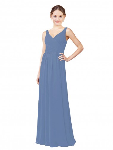 Boutique Bleu Windsor Fourreau Col V Mousseline Longue Robes demoiselle d'honneur