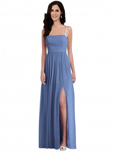 Boutique Bleu Windsor Trapèze Bretelles spaghetti Mousseline Longue Robes demoiselle d'honneur