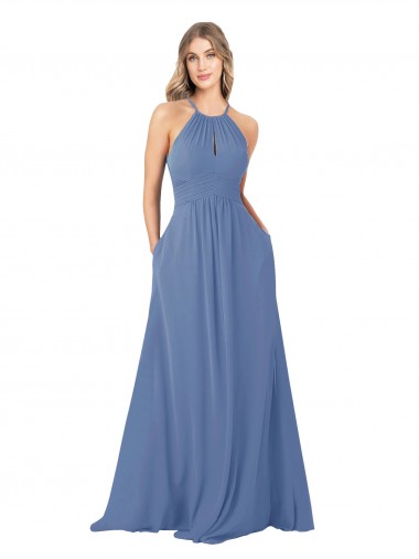 Boutique Bleu Windsor Trapèze Col Haut Mousseline Longue Robes demoiselle d'honneur
