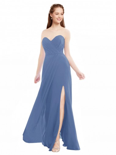 Boutique Bleu Windsor Trapèze Sans bretelle Mousseline Longue Robes demoiselle d'honneur