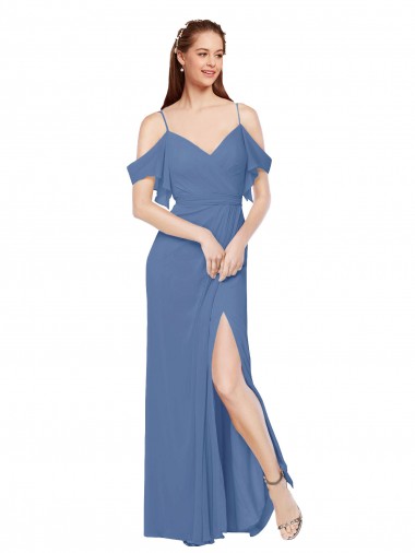 Boutique Bleu Windsor Trapèze Épaule Dénudée Mousseline Longue Robes demoiselle d'honneur