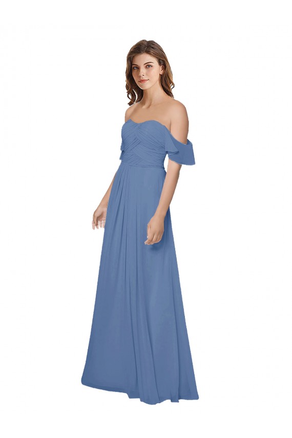 Boutique Bleu Windsor Trapèze Épaule Dénudée Sans bretelle Mousseline Longue Robes demoiselle d'honneur