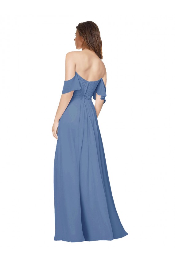 Boutique Bleu Windsor Trapèze Épaule Dénudée Sans bretelle Mousseline Longue Robes demoiselle d'honneur