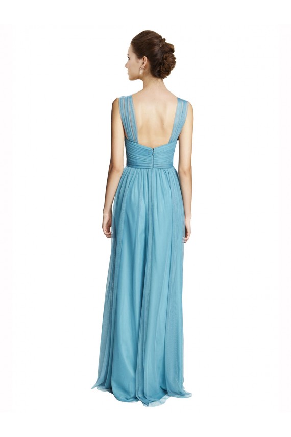 Boutique Bleu ciel Trapèze Bretelles spaghetti Col V Tulle Longue Robes demoiselle d'honneur
