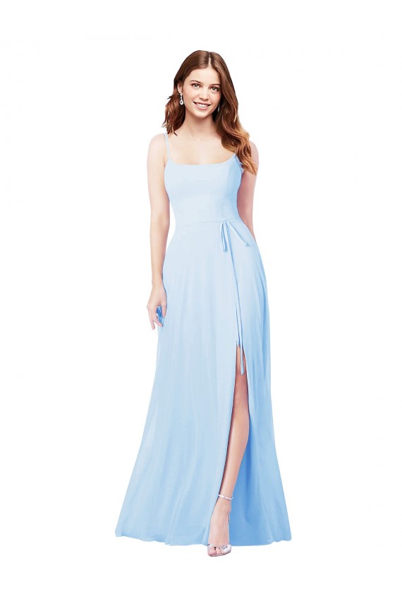 Boutique Bleu ciel clair Fourreau Bretelles spaghetti Col Carré Mousseline Longue Robes demoiselle d'honneur