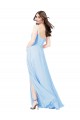 Boutique Bleu ciel clair Fourreau Bretelles spaghetti Col Carré Mousseline Longue Robes demoiselle d'honneur