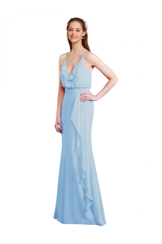 Boutique Bleu ciel clair Sirène Bretelles spaghetti Col V Mousseline Longue Robes demoiselle d'honneur