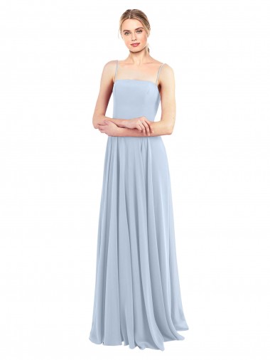 Boutique Bleu ciel clair Trapèze Bretelles spaghetti Col Carré Mousseline Longue Robes demoiselle d'honneur