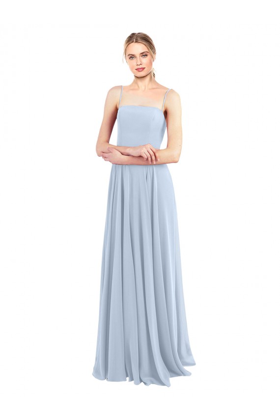 Boutique Bleu ciel clair Trapèze Bretelles spaghetti Col Carré Mousseline Longue Robes demoiselle d'honneur
