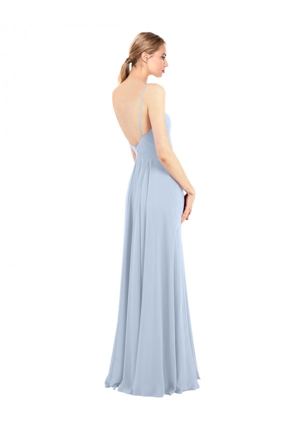 Boutique Bleu ciel clair Trapèze Bretelles spaghetti Col Carré Mousseline Longue Robes demoiselle d'honneur