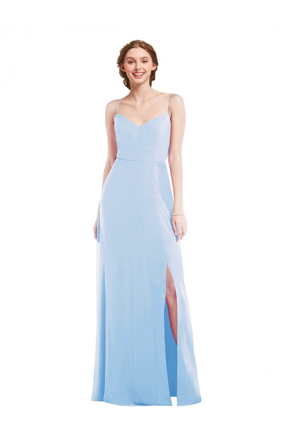 Boutique Bleu ciel clair Trapèze Bretelles spaghetti Col V Mousseline Longue Formelles Robes demoiselle d'honneur / Robes de soirée