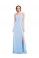Boutique Bleu ciel clair Trapèze Bretelles spaghetti Col V Mousseline Longue Formelles Robes demoiselle d'honneur / Robes de soirée