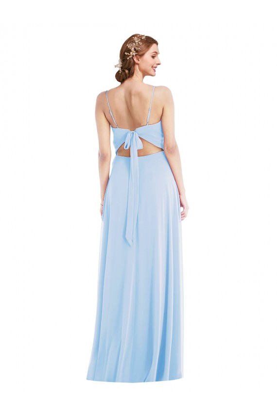 Boutique Bleu ciel clair Trapèze Bretelles spaghetti Col V Mousseline Longue Formelles Robes demoiselle d'honneur / Robes de soirée