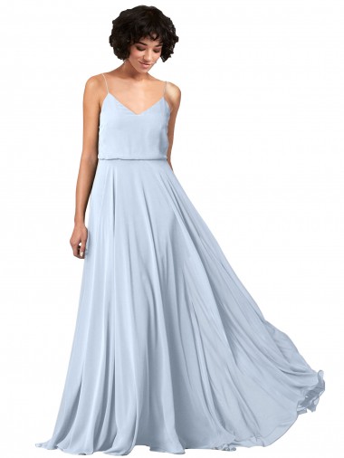 Boutique Bleu ciel clair Trapèze Bretelles spaghetti Col V Mousseline Longue Robes demoiselle d'honneur