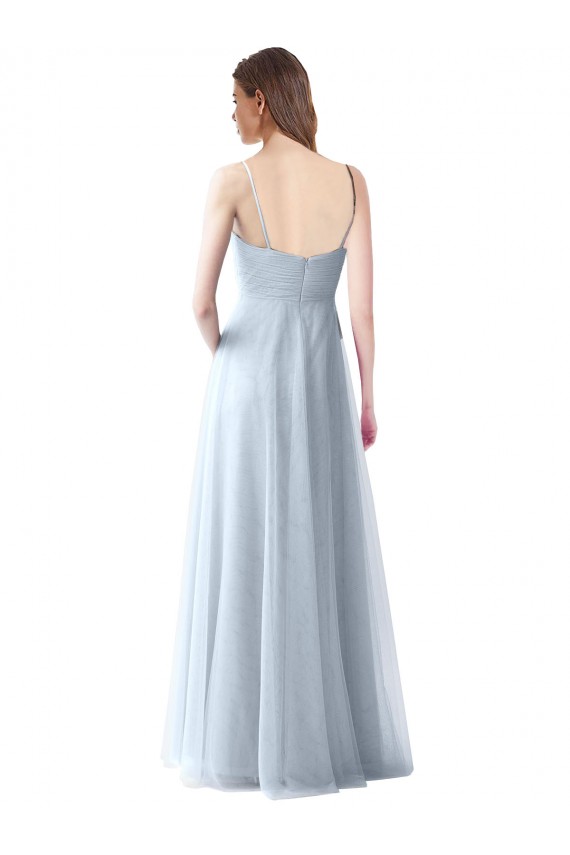 Boutique Bleu ciel clair Trapèze Bretelles spaghetti Col V Tulle Longue Robes demoiselle d'honneur