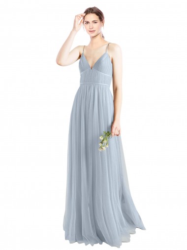 Boutique Bleu ciel clair Trapèze Bretelles spaghetti Col V Tulle Longue Robes demoiselle d'honneur
