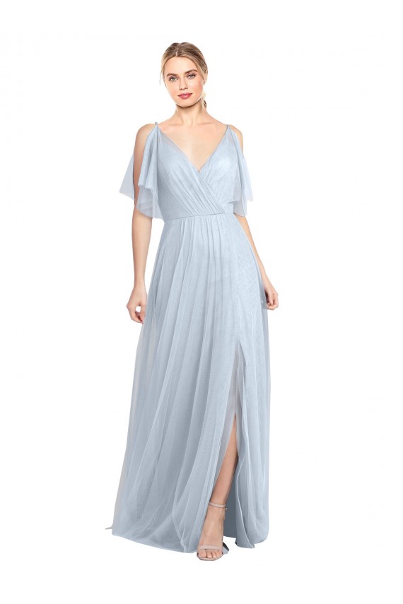 Boutique Bleu ciel clair Trapèze Bretelles spaghetti Col V Tulle Longue Robes demoiselle d'honneur