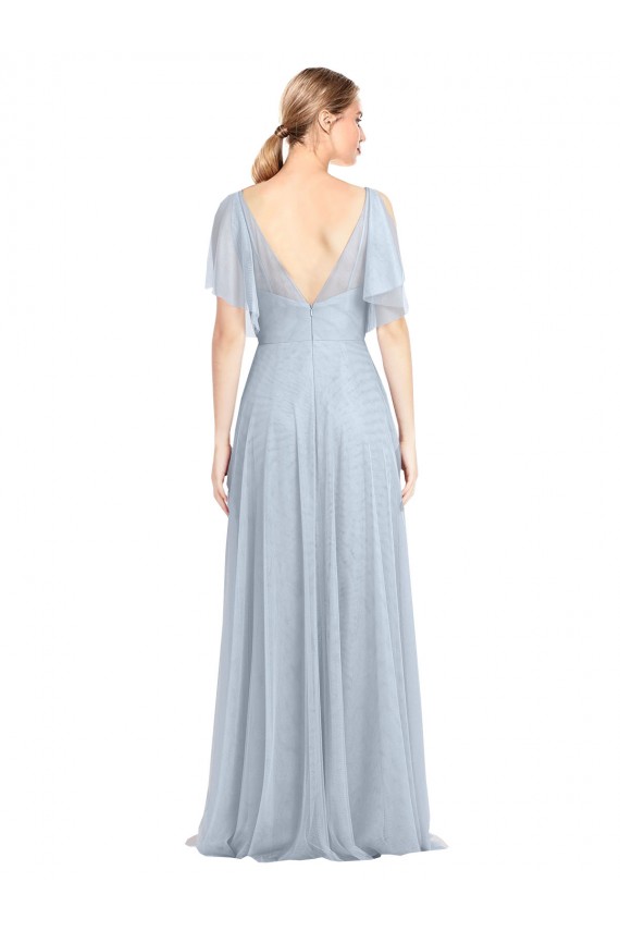 Boutique Bleu ciel clair Trapèze Bretelles spaghetti Col V Tulle Longue Robes demoiselle d'honneur