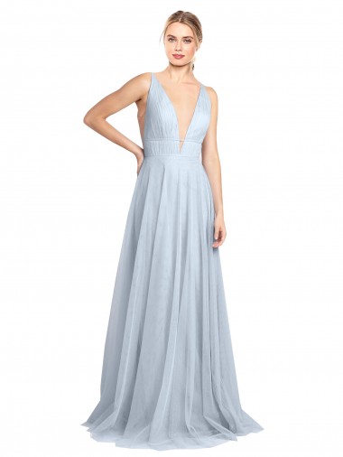 Boutique Bleu ciel clair Trapèze Bretelles spaghetti Col V Tulle Longue Robes demoiselle d'honneur