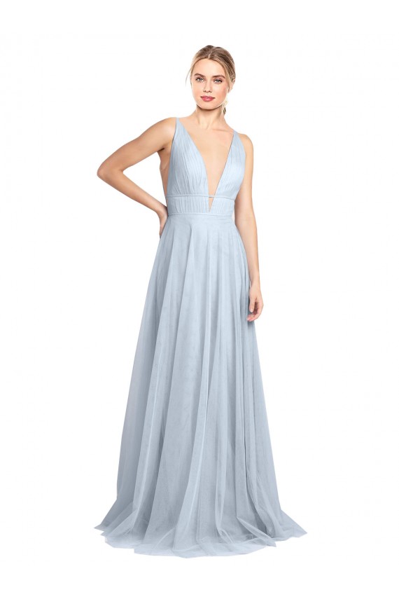 Boutique Bleu ciel clair Trapèze Bretelles spaghetti Col V Tulle Longue Robes demoiselle d'honneur