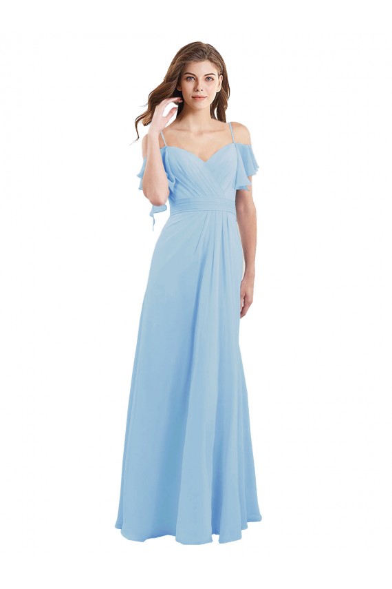 Boutique Bleu ciel clair Trapèze Bretelles spaghetti Mousseline Longue Robes demoiselle d'honneur