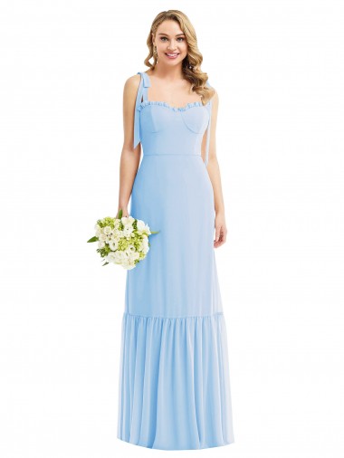 Boutique Bleu ciel clair Trapèze Bretelles spaghetti Mousseline Longue Robes demoiselle d'honneur