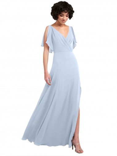 Boutique Bleu ciel clair Trapèze Col V Mousseline Longue Robes demoiselle d'honneur