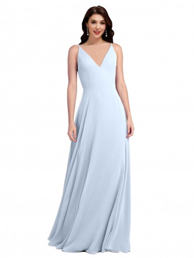 Boutique Bleu ciel clair Trapèze Col V Mousseline Longue Robes demoiselle d'honneur
