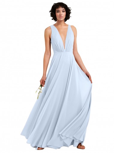 Boutique Bleu ciel clair Trapèze Col V Mousseline Longue Robes demoiselle d'honneur