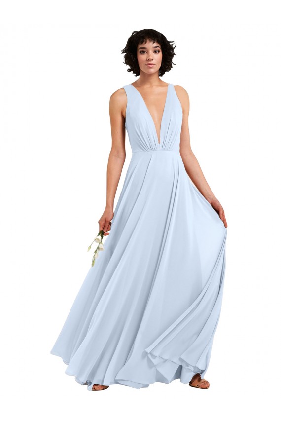 Boutique Bleu ciel clair Trapèze Col V Mousseline Longue Robes demoiselle d'honneur