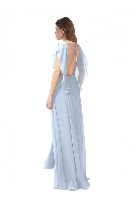 Boutique Bleu ciel clair Trapèze Col V Mousseline Longue Robes demoiselle d'honneur
