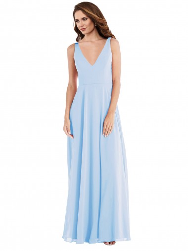 Boutique Bleu ciel clair Trapèze Col V Mousseline Longue Robes demoiselle d'honneur