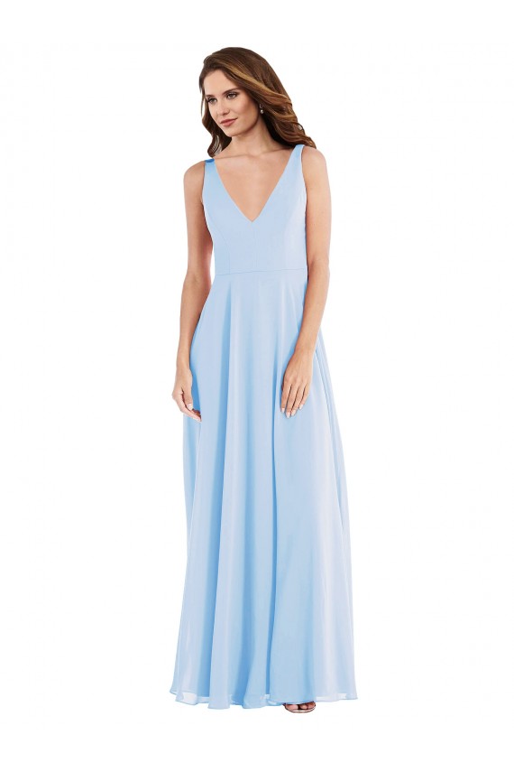 Boutique Bleu ciel clair Trapèze Col V Mousseline Longue Robes demoiselle d'honneur