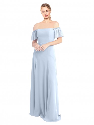 Boutique Bleu ciel clair Trapèze Épaule Dénudée Col Carré Mousseline Longue Robes demoiselle d'honneur