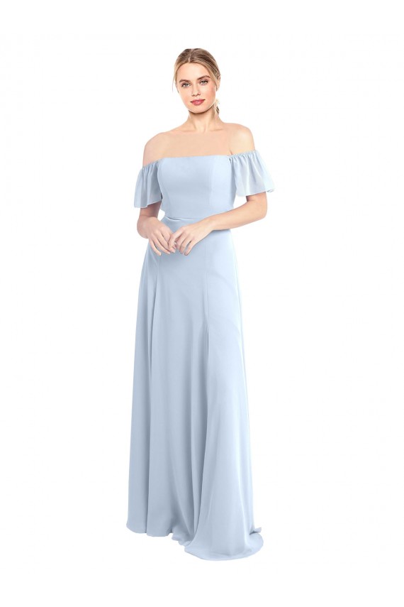 Boutique Bleu ciel clair Trapèze Épaule Dénudée Col Carré Mousseline Longue Robes demoiselle d'honneur