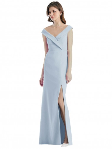 Boutique Bleu ciel clair Trapèze Épaule Dénudée Col V Crêpe Stretch Longue Robes demoiselle d'honneur