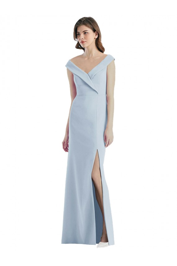Boutique Bleu ciel clair Trapèze Épaule Dénudée Col V Crêpe Stretch Longue Robes demoiselle d'honneur
